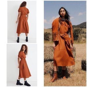 EUC Madewell Clay Brown Seersucker Puff Sleeves Belted Midi Dress​​​​